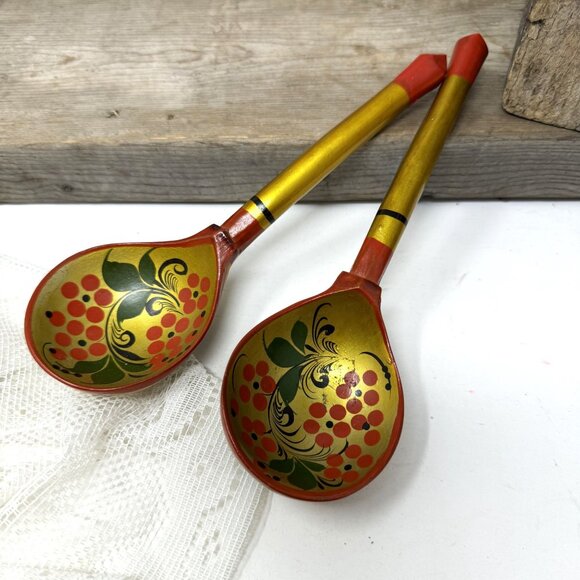 Vintage Khokhloma Hand Painted Spoon Set, Folk Art Wooden Spoons - Picture 2 of 5